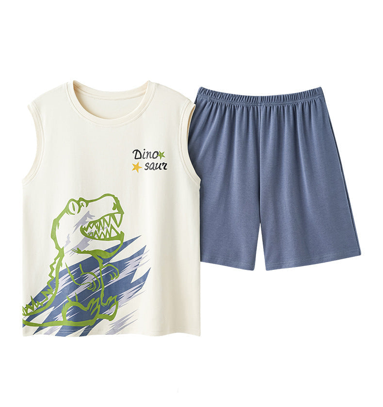 Playful Dinosaur Couple Pajamas – Cotton Sleeveless Top & Shorts Set by Gullei