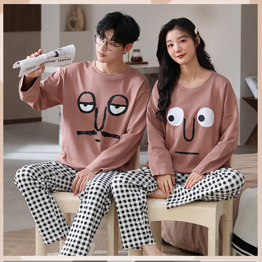 Playful Cartoon Face Gingham Couple Pajamas