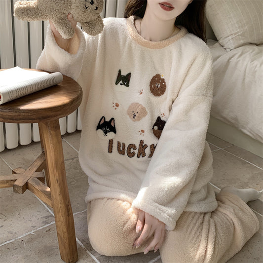 Puppy Dog Applique Loungewear Set for Women | Gullei Plush Teddy Fleece Pajamas