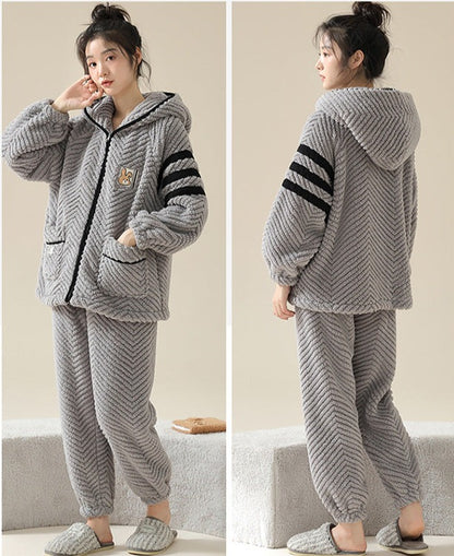 Matching Hooded Pajamas Flannel Couple PJs Set