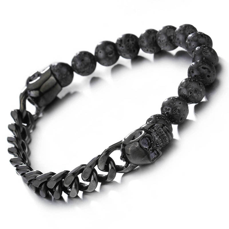Skull Volcanic Beads Mens Bracelet 18.5cm