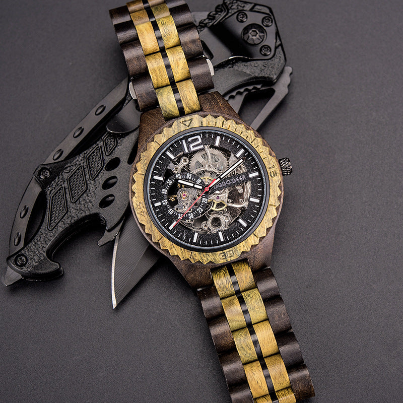 Engraved Skeleton Wood Couple Watch Set