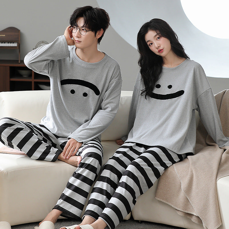 Matching Couple Pajamas Set – Thermal Plush Smile Face with Striped Pants