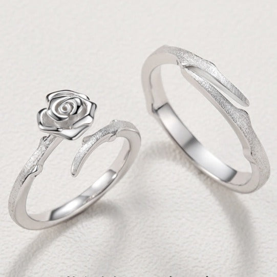 Matching Rose Rings Set for Couples - Solid Sterling Silver - Adjustable Size