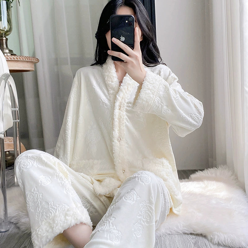 Women Pajamas Set – Luxury Embossed Rose Fleece Lounge Set