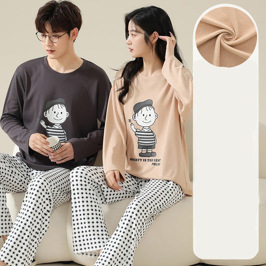 Cute Cartoon Couple Pajamas - Long Sleeve Cotton Set