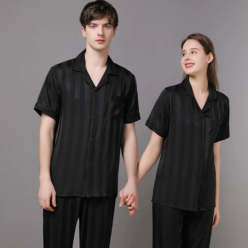 Elegant Tonal Stripe Satin Couple Pajamas