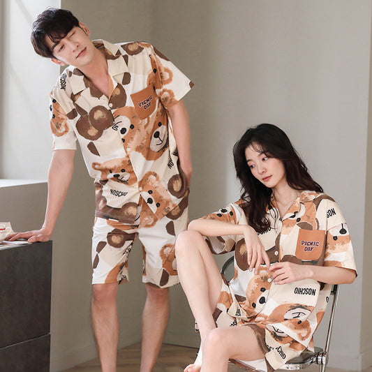 4-Piece Short Sleeve Bear Print Pajamas for Couples 100% Cotton