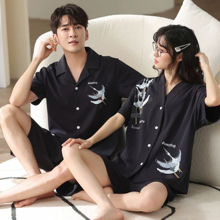 Oriental Crane Print Couple PJs - Matching Cotton Summer Set