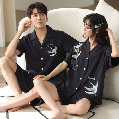Oriental Crane Print Couple PJs - Matching Cotton Summer Set