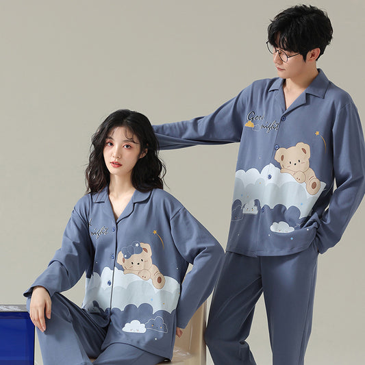 4-Piece Bear Print Couples Nightwear Pajamas 100% Cotton