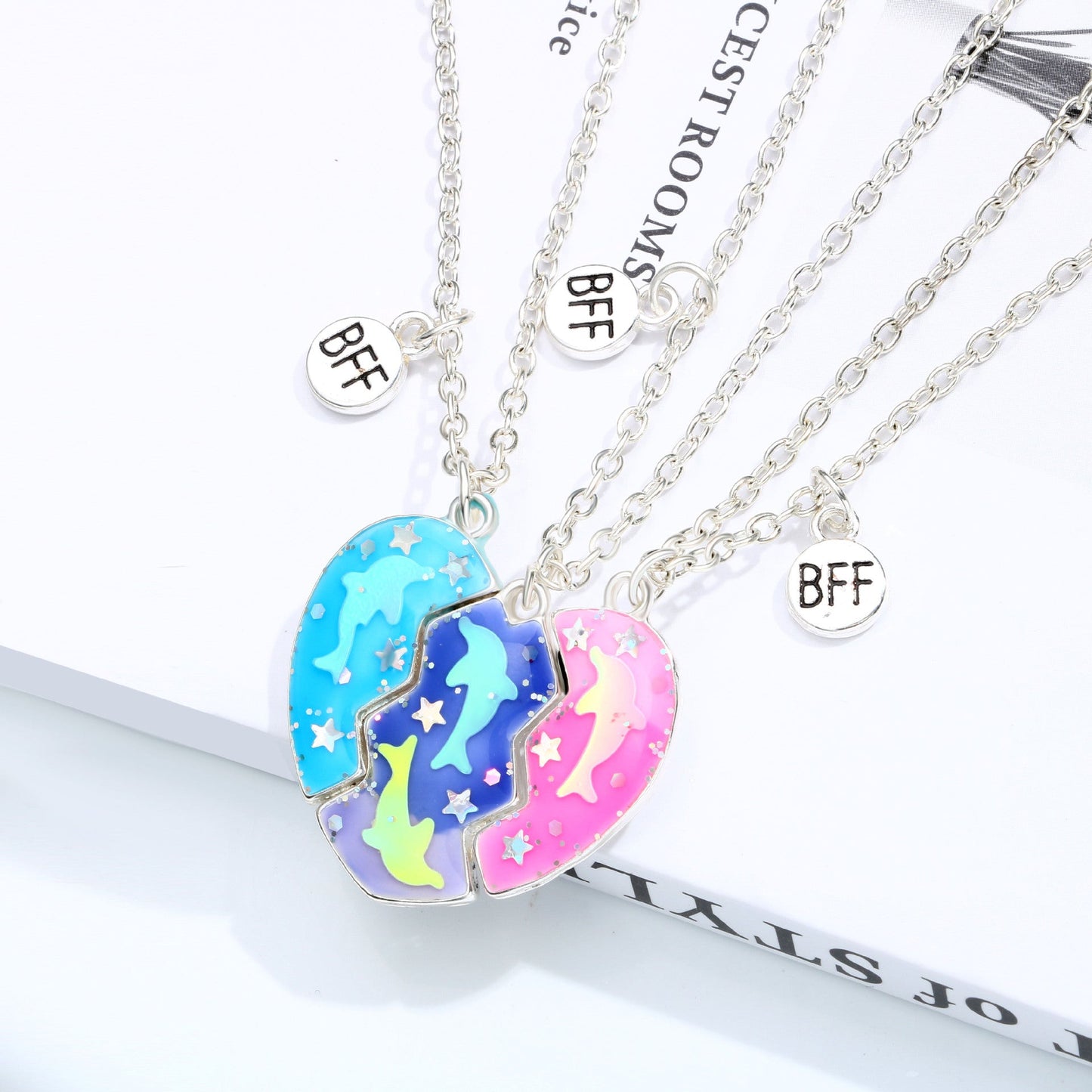 Magnetic Half Hearts Dolphin BFF Necklaces Set for 3 People