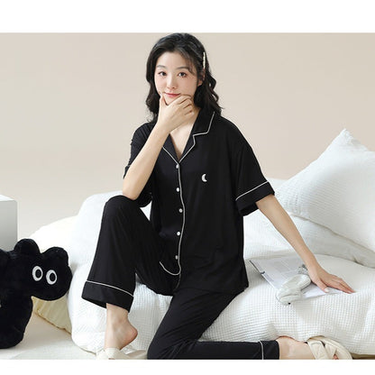 Black Button Up Pajamas Set for Women - 100% Yarn