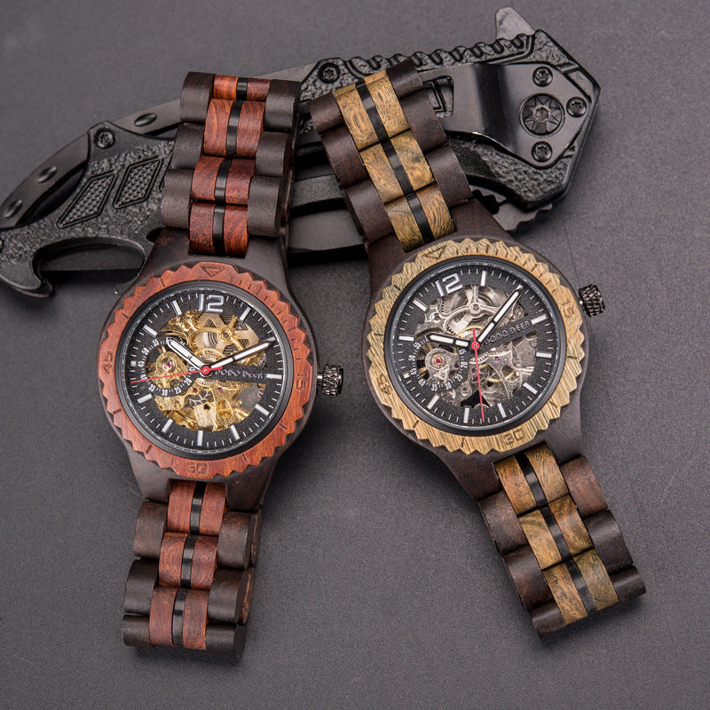 Engraved Skeleton Wood Couple Watch Set