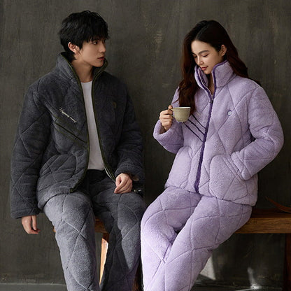 Gullei Quilted Coral Fleece Couple Pajamas – Warm & Cozy Winter Set