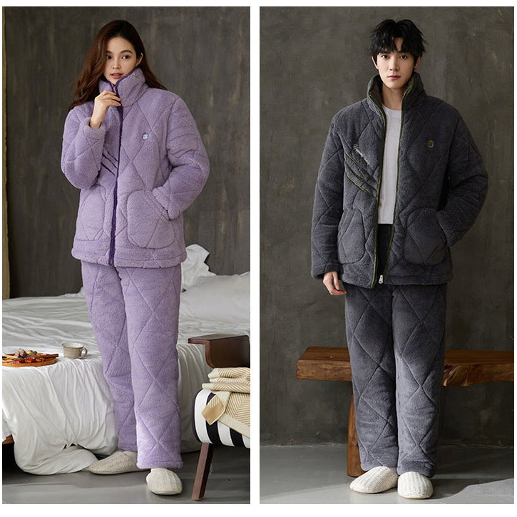 Gullei Quilted Coral Fleece Couple Pajamas – Warm & Cozy Winter Set