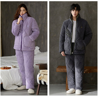 Gullei Quilted Coral Fleece Couple Pajamas – Warm & Cozy Winter Set
