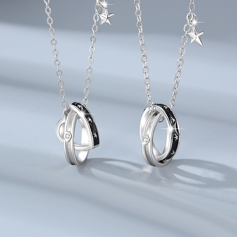 Engraved Interlocking Rings Necklaces Set for Two - Sterling Silver