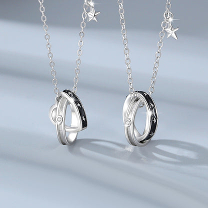 Engraved Interlocking Rings Necklaces Set for Two - Sterling Silver