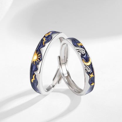 Engraved Sun and Moon Couple Rings Set for Two - Adjustable Size