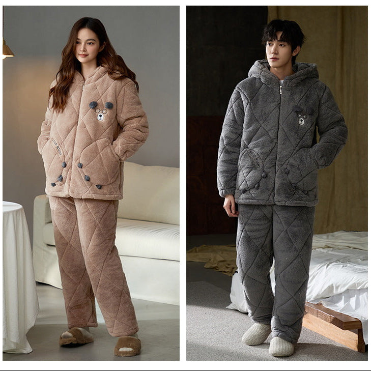 Gullei Bear-Ear Coral Fleece Couple Pajamas – Cozy & Playful Winter Set