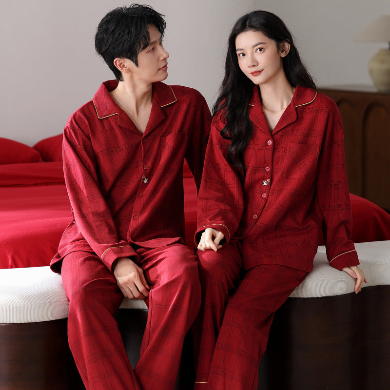 Matching Couple Pajamas Set – Red Plaid with Gold Piping, 100% Cotton