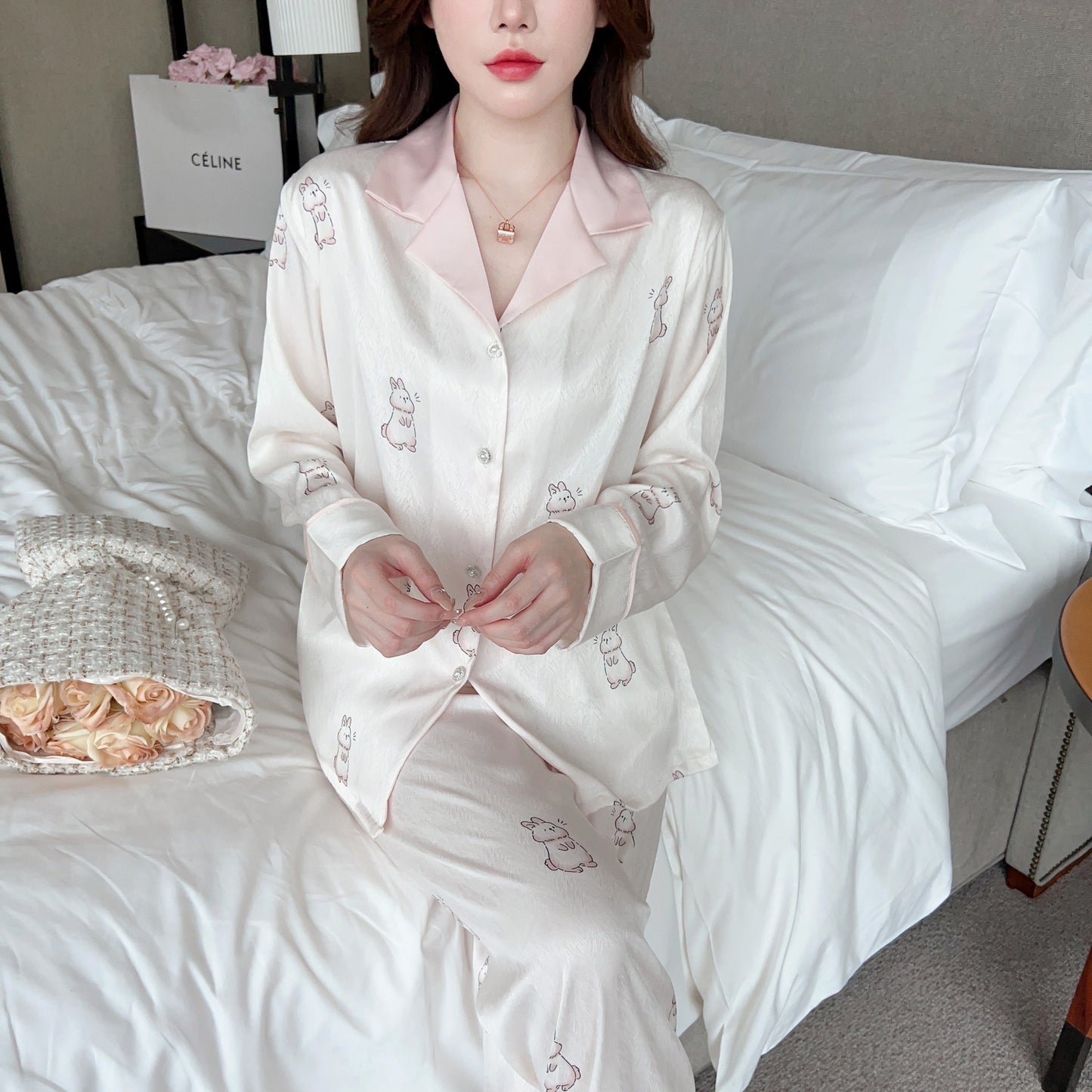 Women Pajamas Set – Bunny Print Satin Cooling Sleepwear