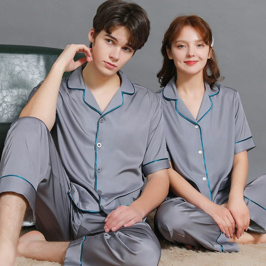 Minimalist Contrast Piping Satin Couple Pajamas
