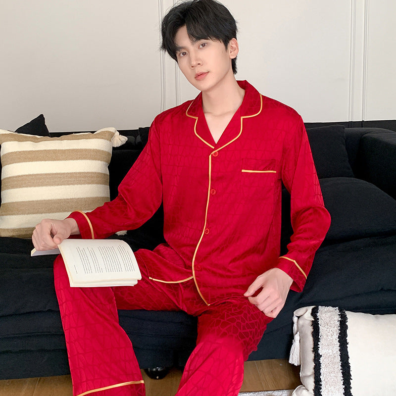 Red Faux Silk Couple Pajamas – Festive Luxury & Classic Chic