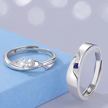 Solid Sterling Silver Zirconia Rings Set for Two - Adjustable Size