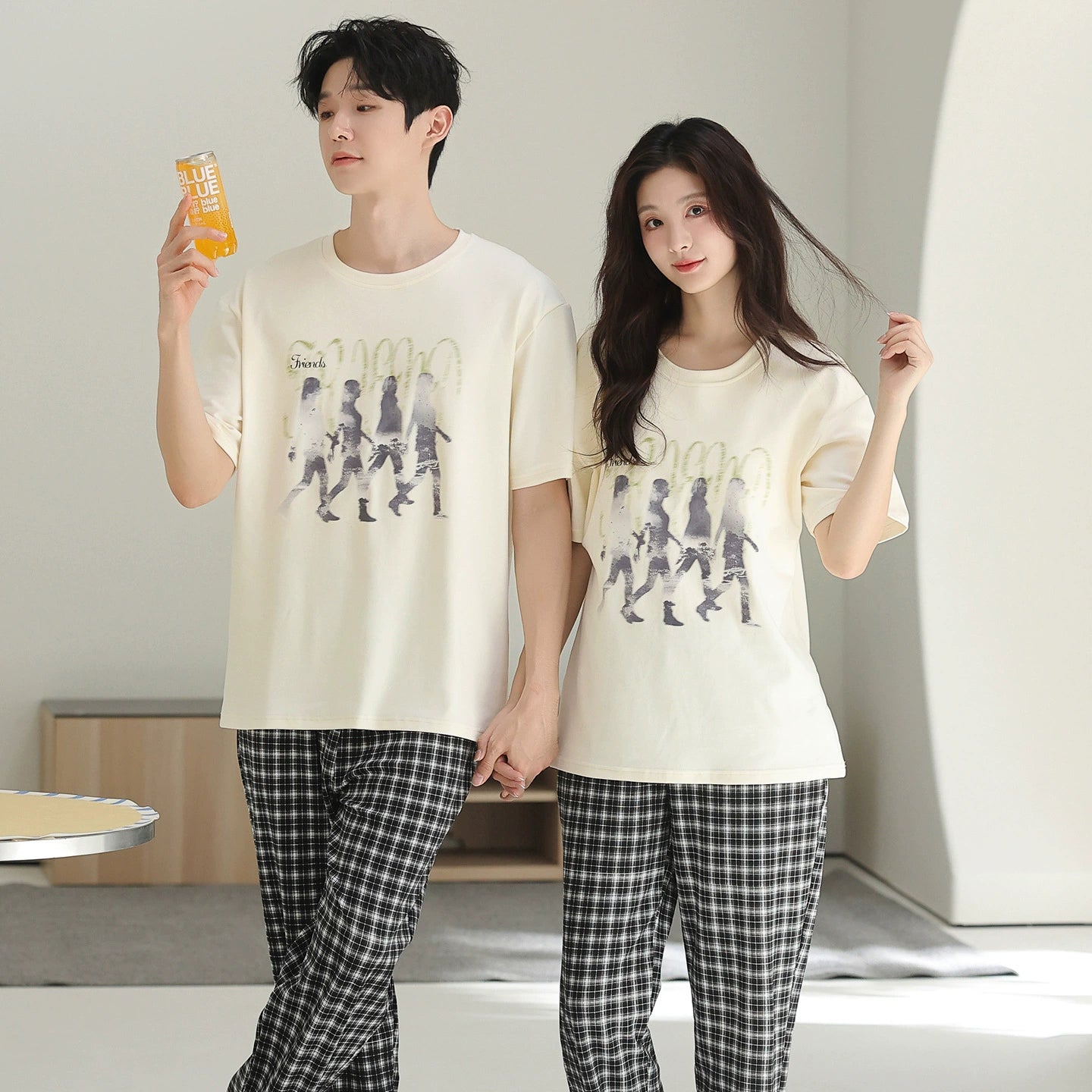 Casual Graphic & Plaid Cotton Couple Lounge Set