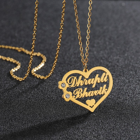 Heart Birthstones Couple Names Necklace
