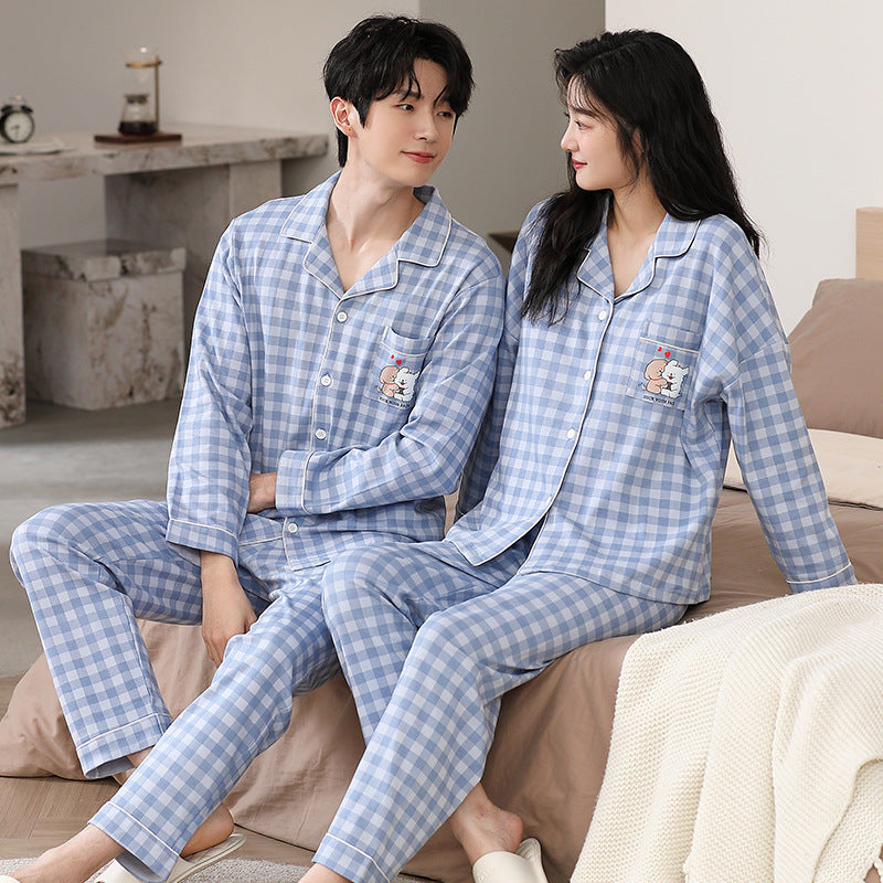 Blue Gingham Soft Viscose Couple Pajamas