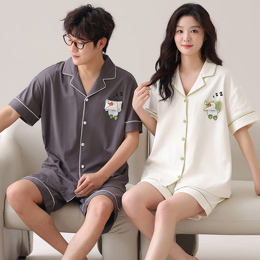 Minimalist Cartoon Couple Pajamas - Cotton Short Sleeve Cardigan