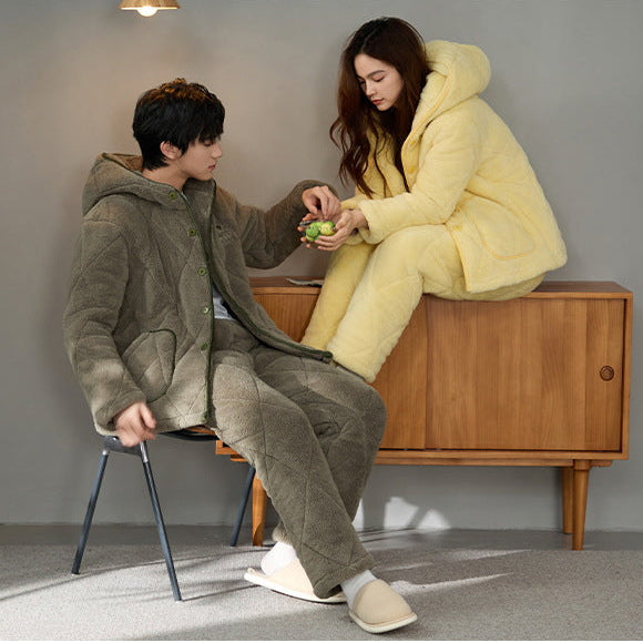 Quilted Coral Fleece Couple Pajamas – Cozy Winter Set