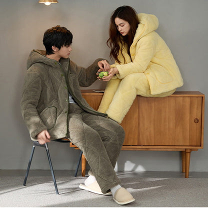 Quilted Coral Fleece Couple Pajamas – Cozy Winter Set