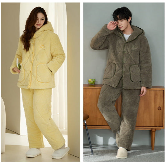 Quilted Coral Fleece Couple Pajamas – Cozy Winter Set
