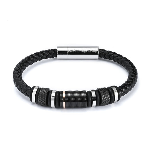 Custom Engraved Mens Bracelets Black Leather 8.5 Inches