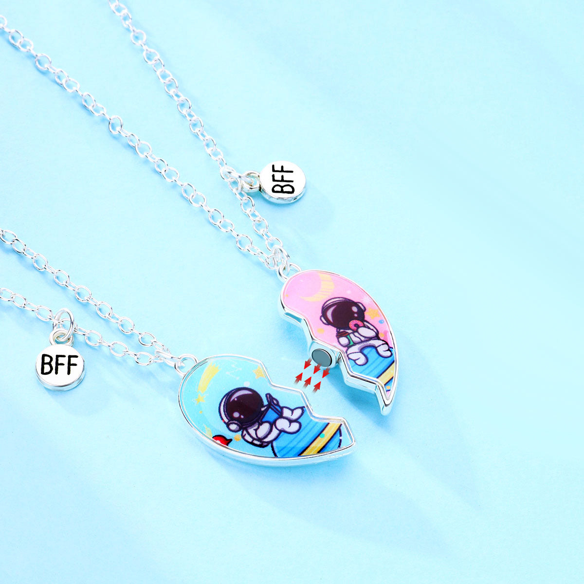 Magnetic Half Hearts Spaceman BFF Necklaces Set