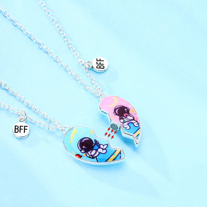Magnetic Half Hearts Spaceman BFF Necklaces Set