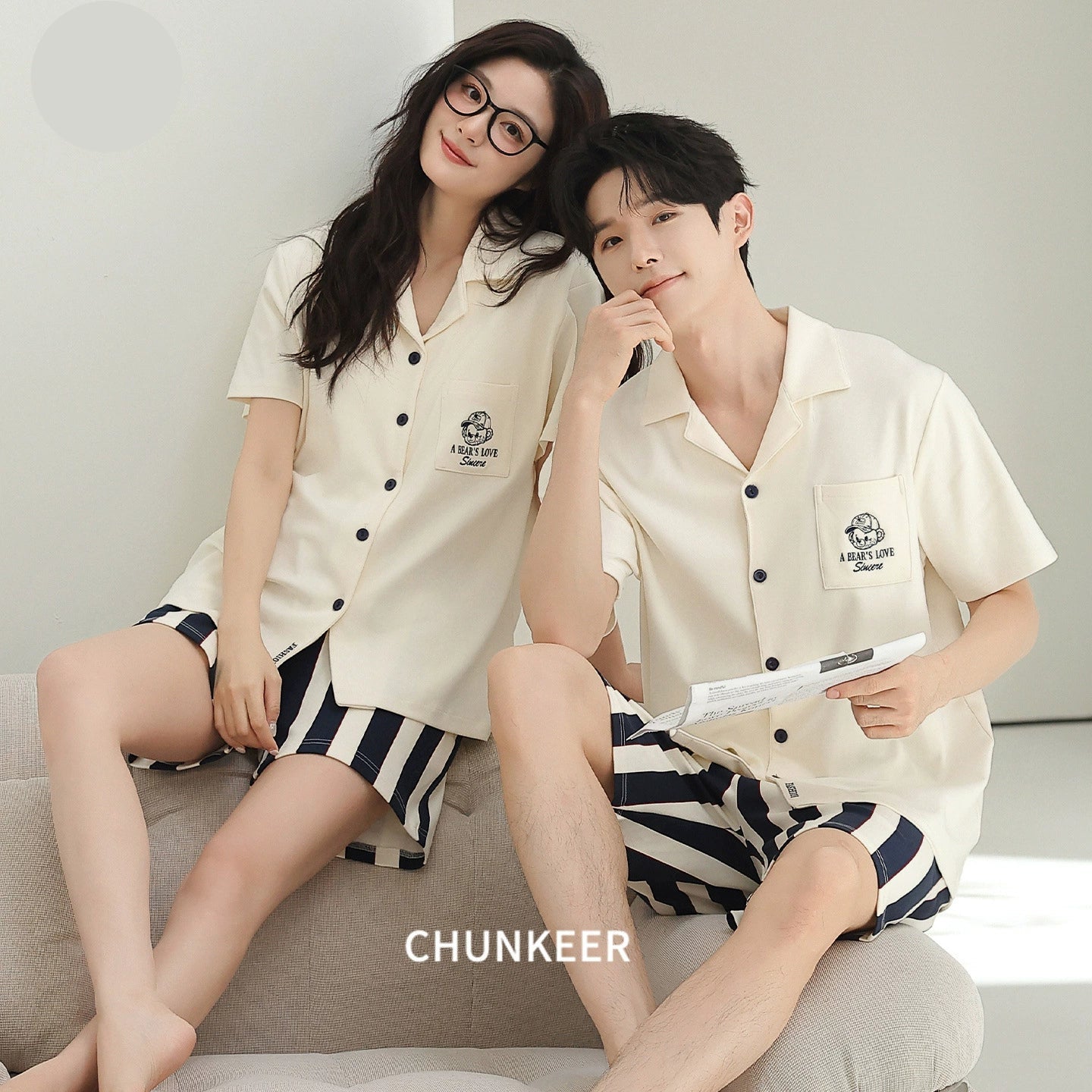 Resort Style Striped Cotton Couple Pajamas