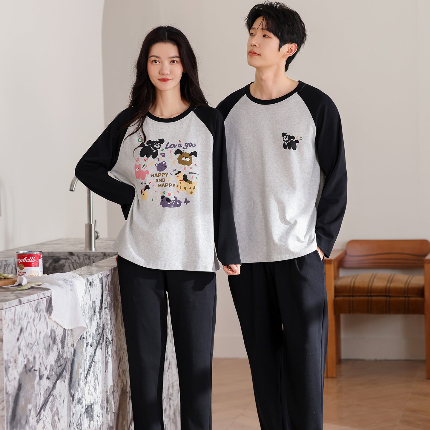 Playful Pet-Lover Couple Pajamas – Cotton Dog Print Lounge Set by Gullei