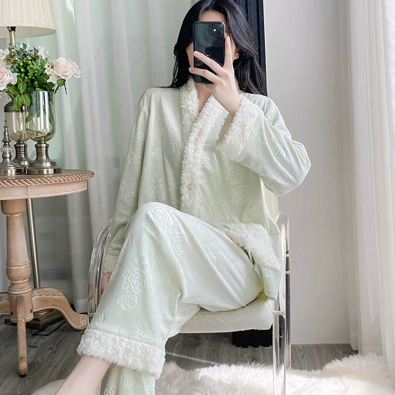 Women Pajamas Set – Luxury Embossed Rose Fleece Lounge Set