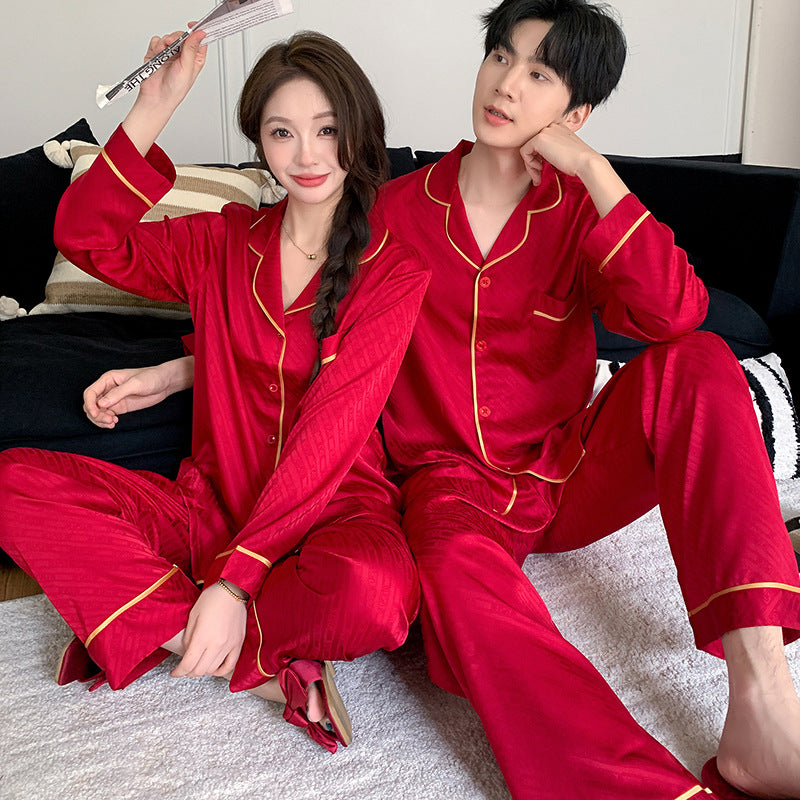 Elegant Red Faux Silk Couple Pajamas – Holiday & Classic Chic