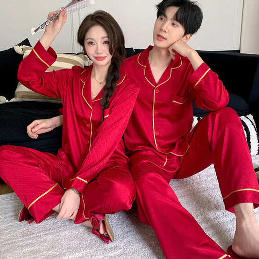 Elegant Red Faux Silk Couple Pajamas – Holiday & Classic Chic