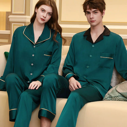 Romantic Contrast Trim Satin Couple Pajamas