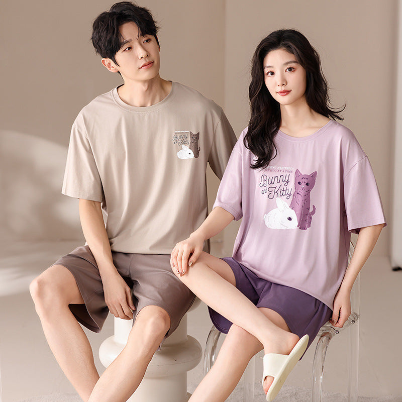 Soft Modal Bunny & Cat Couple Pajamas - Matching Summer