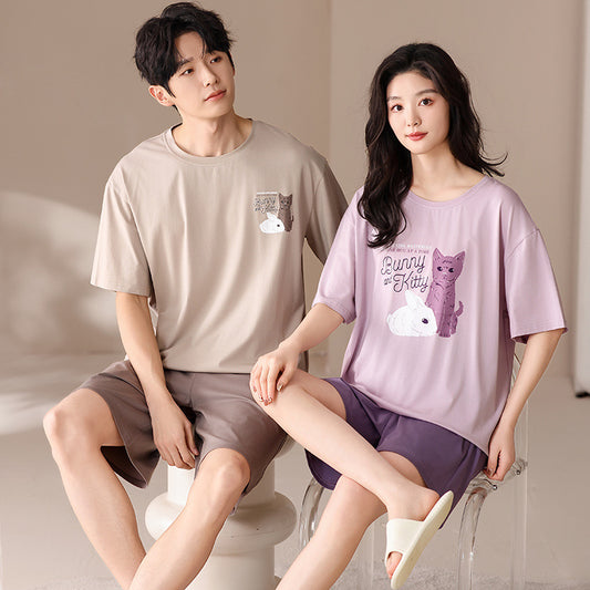 Soft Modal Bunny & Cat Couple Pajamas - Matching Summer