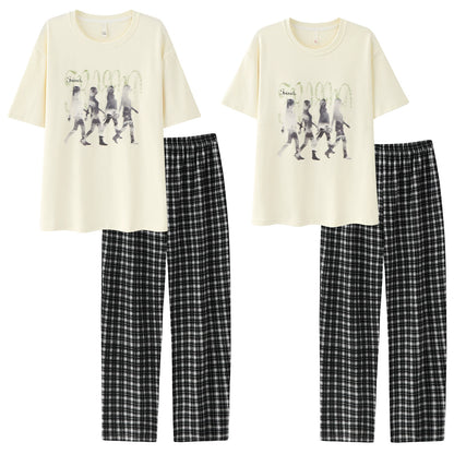 Casual Graphic & Plaid Cotton Couple Lounge Set