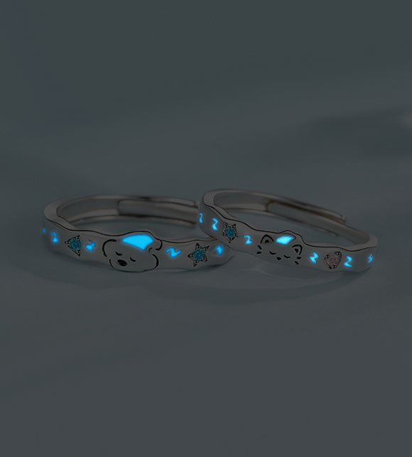 Luminous Sleeping Bear & Cat 925 Sterling Silver Couples Rings Set | Adjustable Glow in the Dark Matching Jewelry
